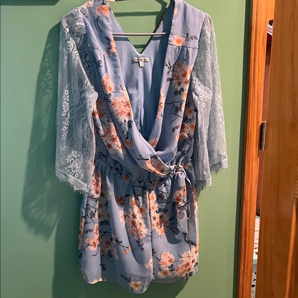 Charlotte Russe Light Blue Floral Lace-Sleeve Wrap Bodysuit
